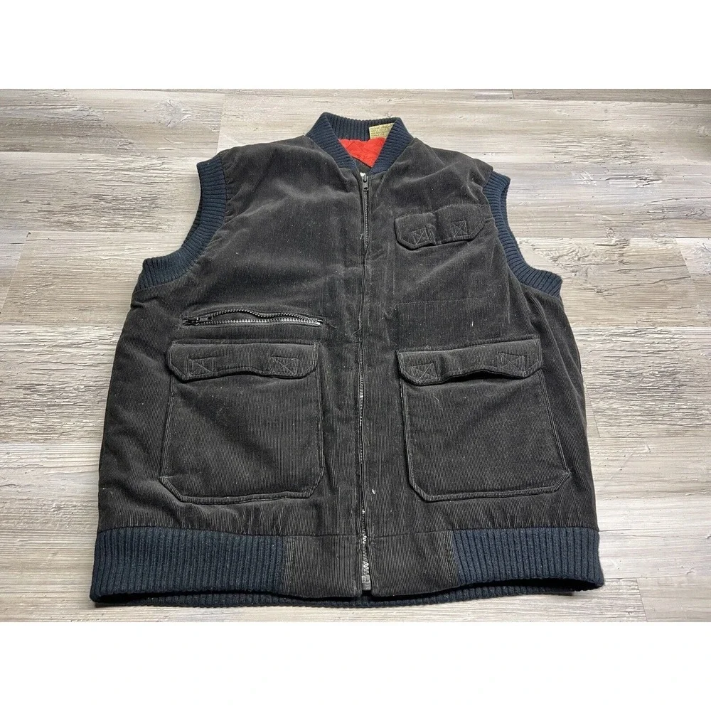 Vintage St Johns Bay Corduroy Black Vest Size‎ Large Insulated Quilted